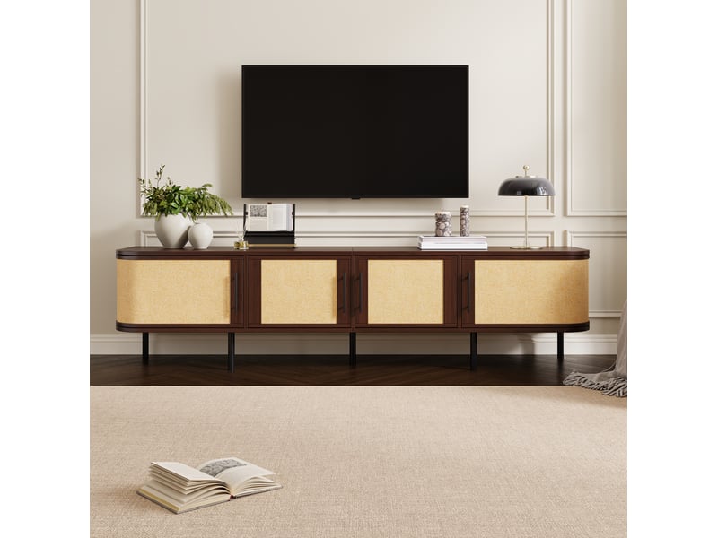  Meuble tv bas 180x40x45 cm, fini noyer en mdf, rangement 4 portes, façade tressée, poignées noirs, pieds en métal  - Conforama B