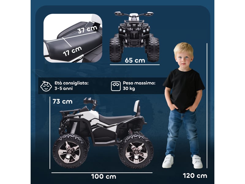  Quad électrique 12 v pour enfants de 3 à 5 ans, avec phares, pédales et port usb pour la musique, blanc.  - Conforama E