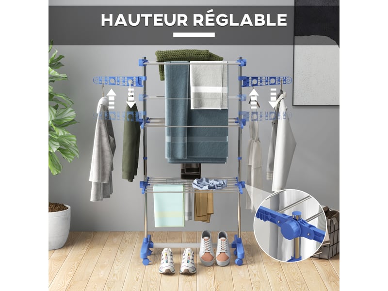 Séchoir à linge étendoir pliable ailes latérales utilisation intérieure et extérieure 3 niveaux 142 x 55 x 152 cm bleu - Conforama E