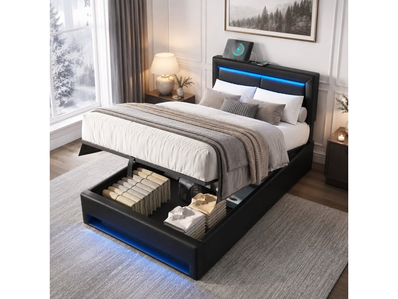  Lit rembourré 90x200 cm avec led, usb et rangement, pu noir  - Conforama B