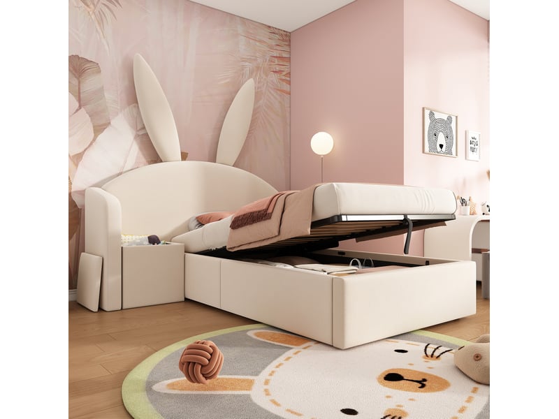  Modenvie lit enfant avec rangement 90x200 cm - coffre hydraulique, chevet reversible, sans matelas - beige  - Conforama E