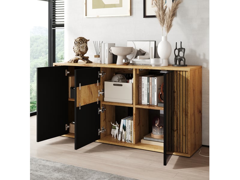  Buffet bas 140x35x71 cm, 3 portes push-to-open, effet brillant noir et bois, mdf, design moderne, rangement pour salon  - Conforama D