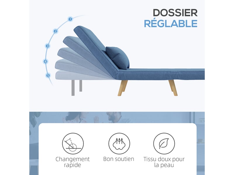  Fauteuil convertible design scandinave - coussin - bois tissu bleu  - Conforama E