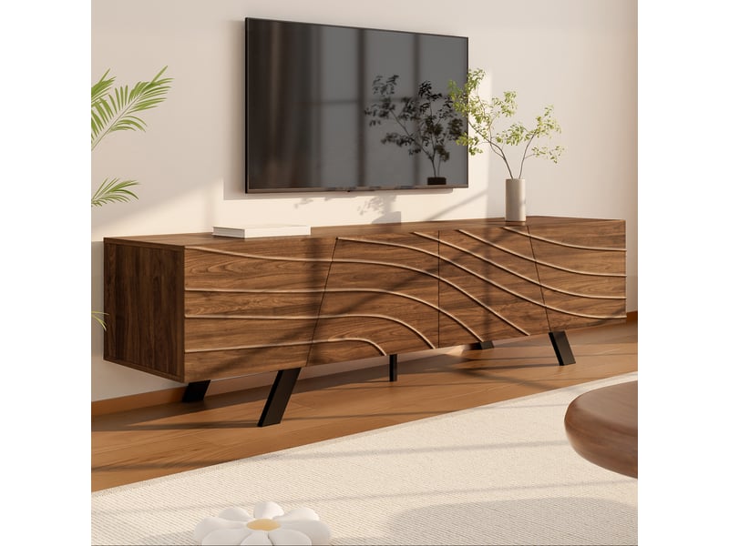  Meuble tv 160 x 39 x 50,5 cm – finition noyer, cadre métal noir, rangements et passe-câbles  - Conforama B