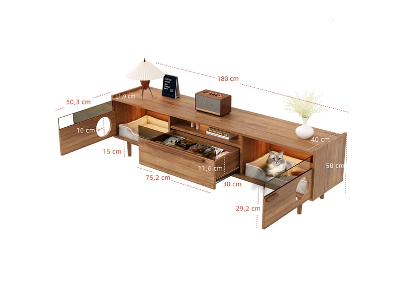  Meuble tv 180x40x50 cm avec éclairage led, niche intégrée et portes en verre trempé, mdf, finition noyer  - Conforama C