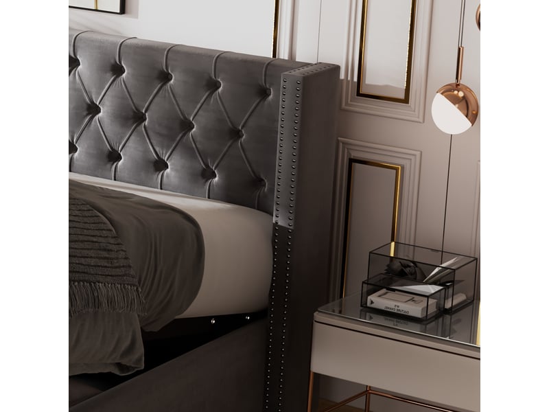  Lit coffre 140x190 cm - lit double avec rangement sous sommier et tête capitonnée - sans matelas - gris velours  - Conforama D