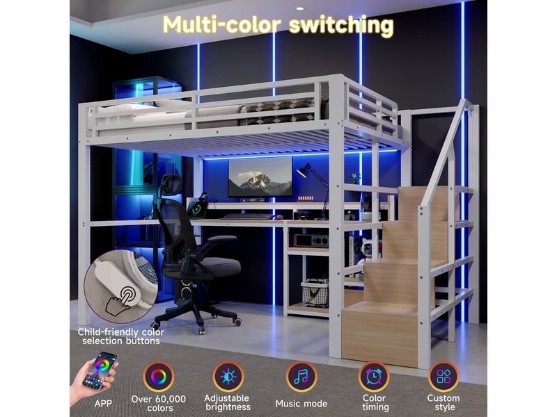 Lit mezzanine, 140 × 200 cm, blanc, métal, led, usb + type-c, armoire-échelle, étagères, sans matelas, led pilotable par appli - Conforama C