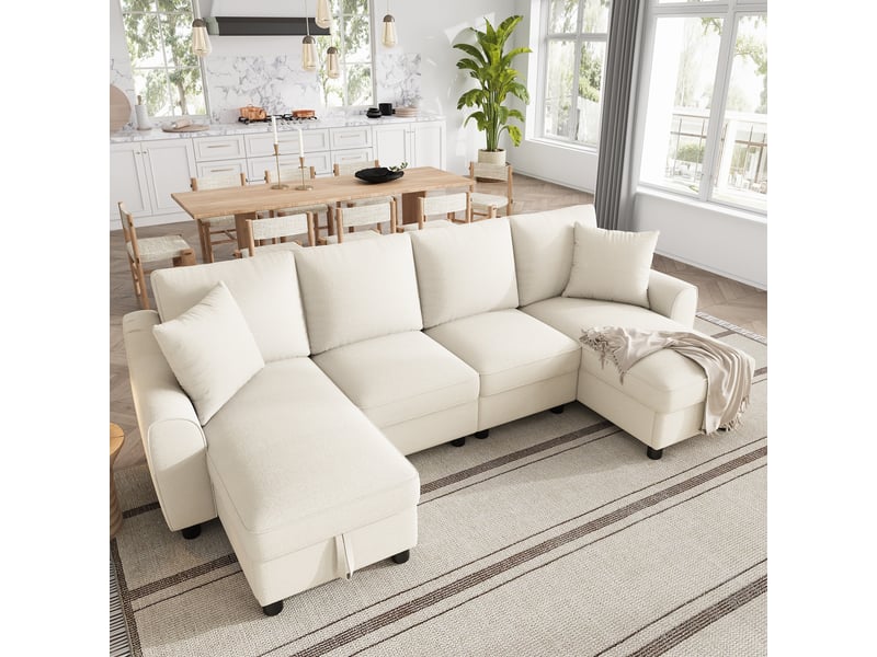 Canapé panoramique en u, tissu chenille beige 4 places, canapé d'angle modulable avec coffre de rangement pour grand salon moderne - Conforama D