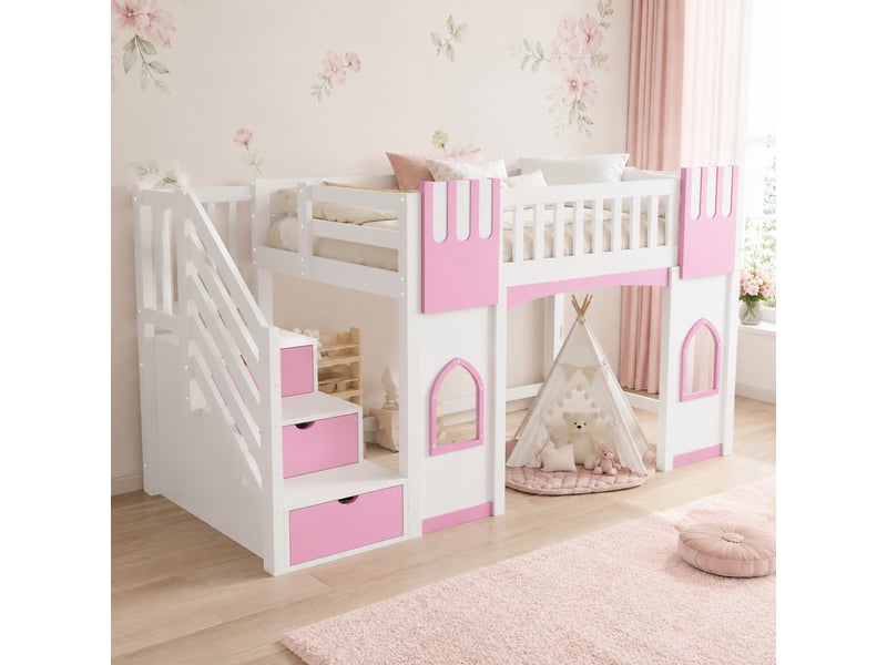  Lit mezzanine 90x200 cm avec escalier de rangement et 2 fenêtres en pin et mdf blanc et rose  - Conforama C