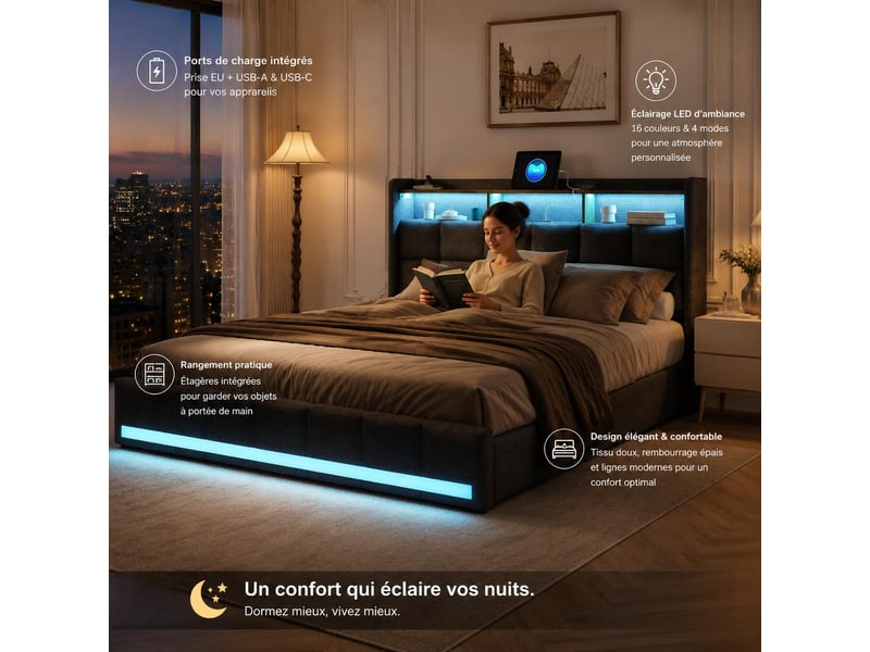  Lit avec tiroirs 140x200 cm coloris gris  - Conforama C