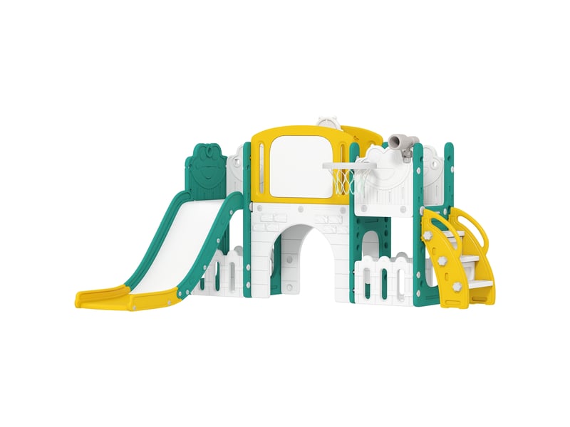  Toboggan pour enfant 7 en 1 avec panier de basket, télescope, rangement, tunnel, escalade, tableau de dessin, jaune  - Conforama A
