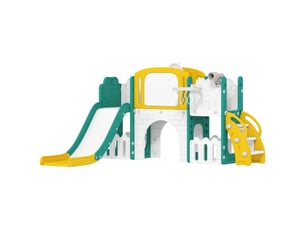 Toboggan pour enfant 7 en 1 avec panier de basket, télescope, rangement, tunnel, escalade, tableau de dessin, jaune