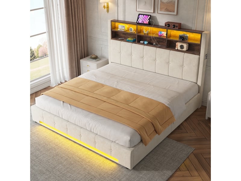  Lit coffre 180x200 cm, lit double, rangement hydraulique, led, velours beige, usb et usb-c  - Conforama R
