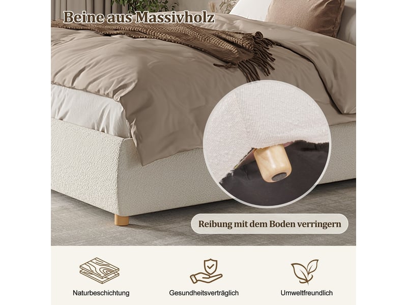  Lit coffre rembourré double 180x200 cm vérin sommier lattes tête lit bois massif blanc bouclé  - Conforama D