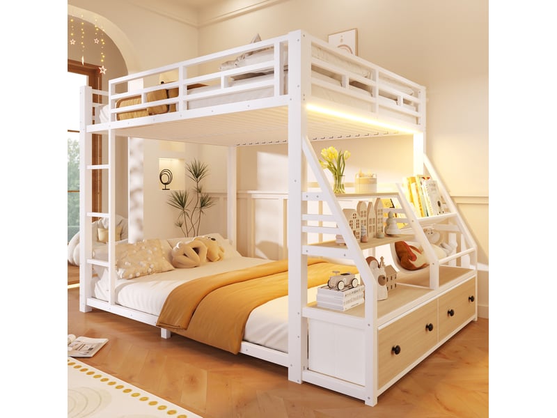  Lit superposé 140x200 cm led, 2 tiroirs en tissu, rangements pratiques, métal et bois, blanc, sans matelas  - Conforama B