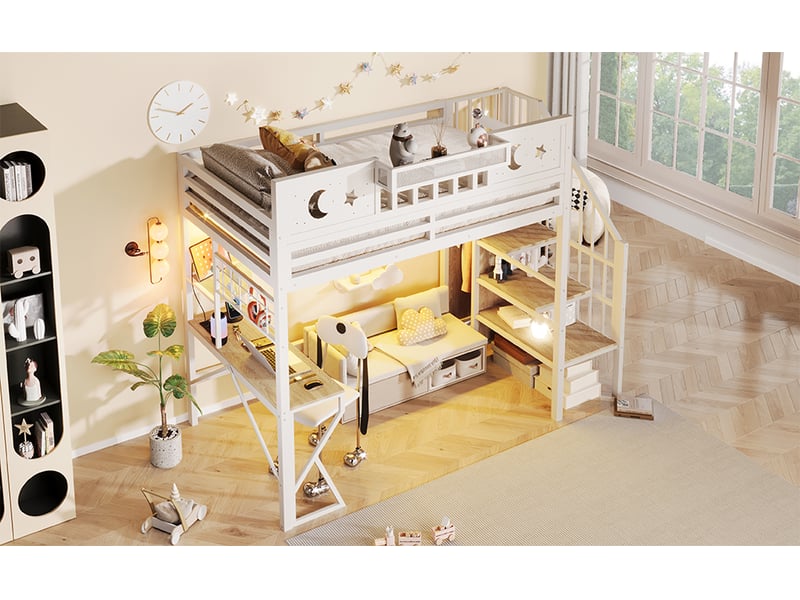  Lit mezzanine 90 × 200 cm, bureau intégré, rangements, éclairage led, blanc  - Conforama B