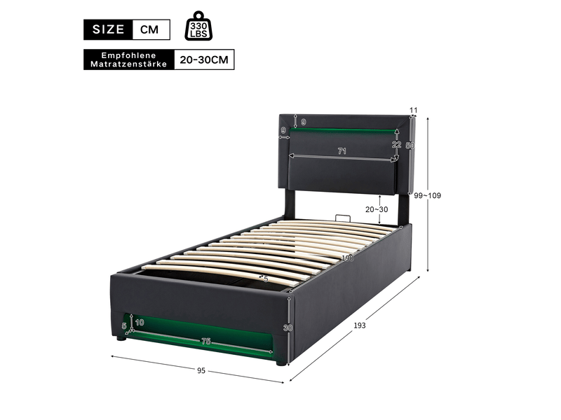 Lit coffre rembourré 90x190 cm pu noir motif litchi avec led usb charge sans fil rangement moderne - Conforama C