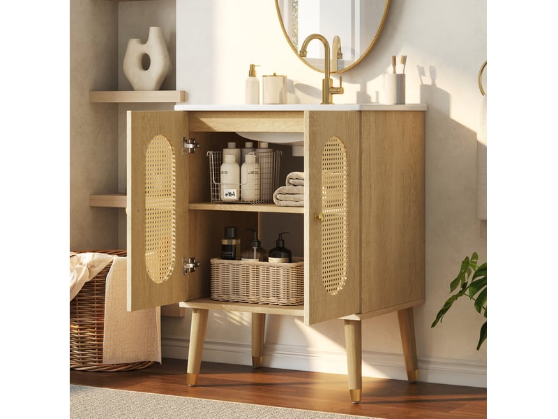 Meuble sous vasque 61x47x89 cm avec vasque en céramique, finition bois naturel - Conforama E