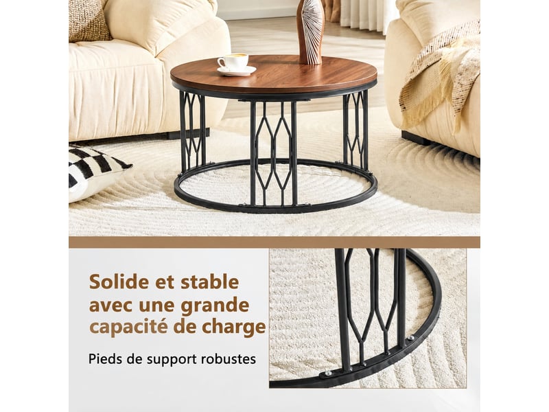  Table basse ronde 70 cm, table de salon moderne avec plateau en mdf effet noyer et structure en métal géométrique  - Conforama D
