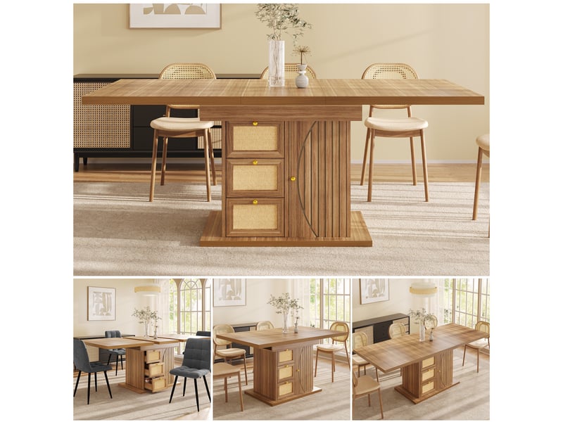  Table à manger extensible 110-140 x 80 x 76 cm, avec 3 tiroirs et placard fermé, façades aspect rotin, poignées dorées, marron  - Conforama B