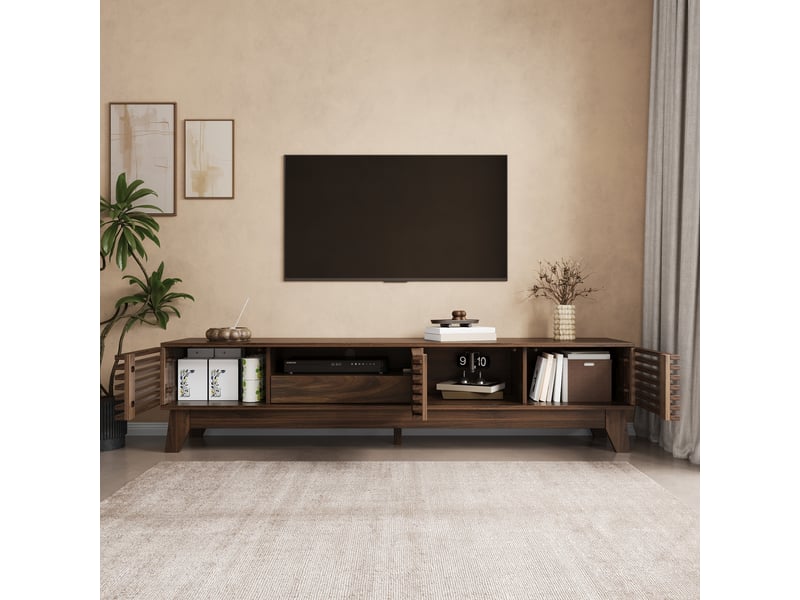  Meuble tv bas avec 3 portes, tiroir et niches ouvertes, façade rainurée, mdf, meuble tv moderne pour salon  - Conforama E