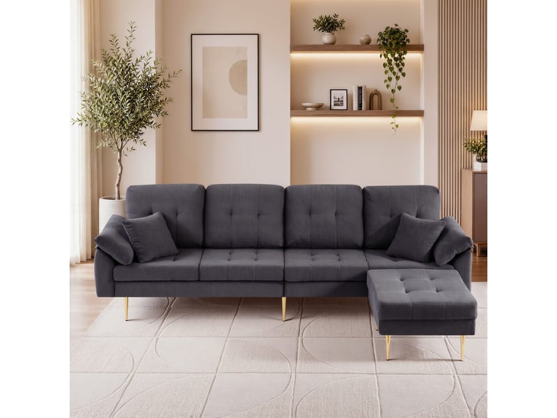  Canapé 4 places tcqpz 250 x 70 x 87 cm avec pouf modulable en l velours côtelé gris foncé  - Conforama E