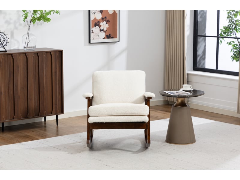  Fauteuil à bascule mid-century moderne 83x73x80cm – rocking chair avec piétement en bois, assise rembourrée pour salon, chambre et véranda – blanc  - Conforama D