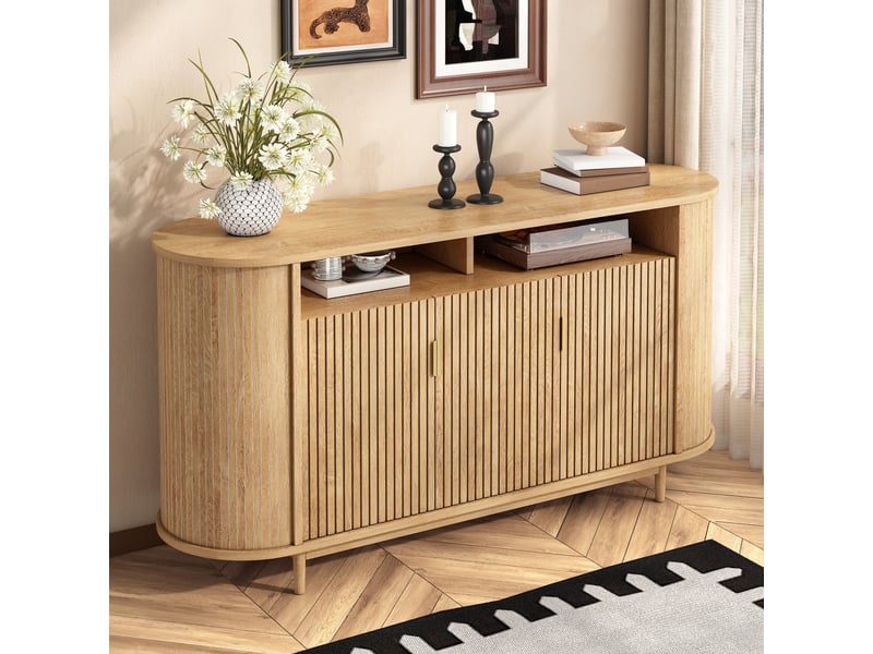  Buffet et enfilade avec 3 portes, façade rainurée et pieds en pin pour salon et salle à manger mdf naturel 140×40×78 cm  - Conforama C