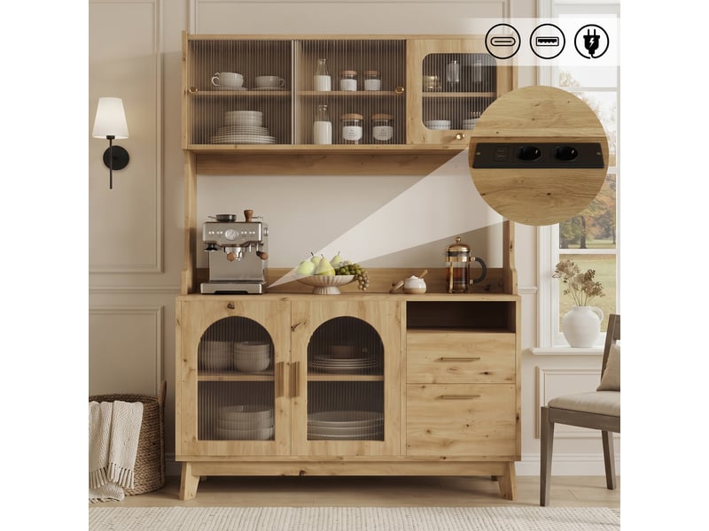  Buffet haut bois avec rangement, prises usb-cusb-a, prise intégrée, meuble salle à manger 120x40x178 cm  - Conforama B