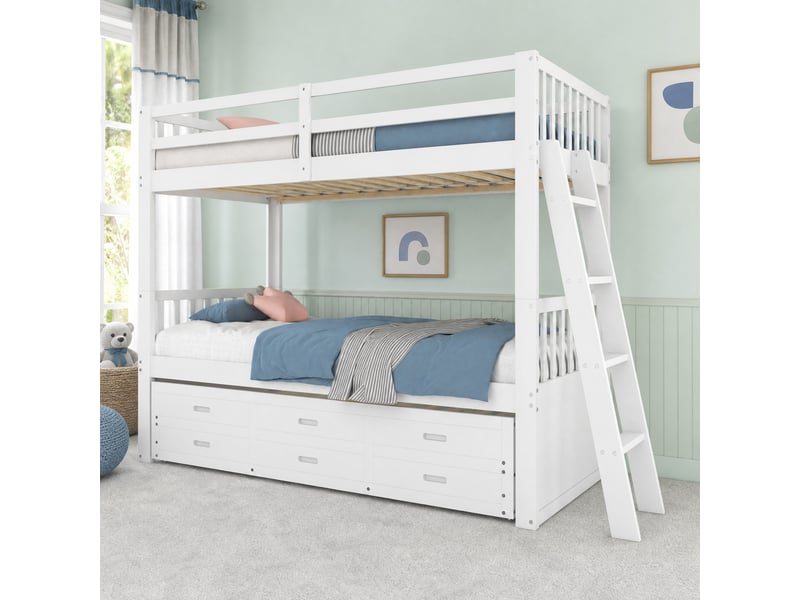  Lit superposé enfant 90 x 200 cm avec lit gigogne, tiroirs, blanc et gris  - Conforama B