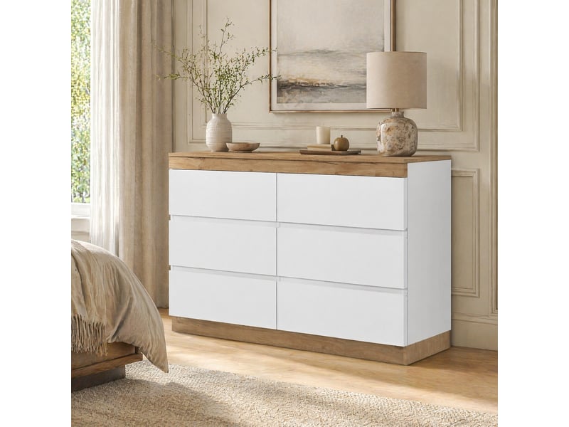 Commode avec 6 tiroirs de rangement, style classique, pour chambre et salon, en panneau de particules blanc et chêne - Conforama B