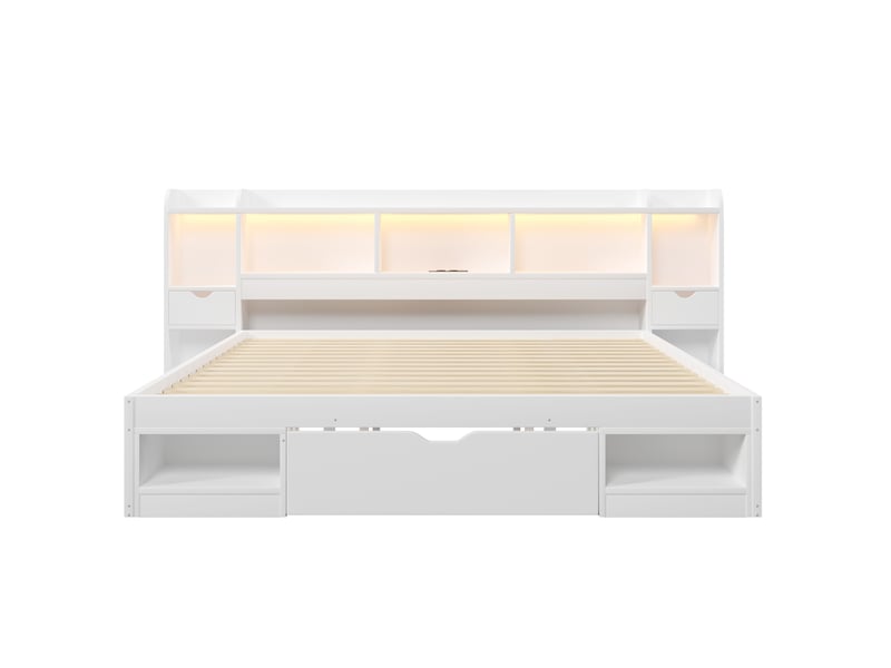  Lit adulte 180 x 200 cm, avec tête de lit dotée d'un espace de rangement, de tiroirs, d'une lampe led et d'un port usb, blanc  - Conforama A