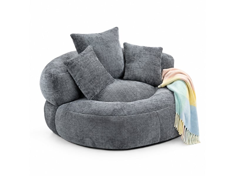  Fauteuil pouf en chenille, avec dossier haut et accoudoirs, assise large pour détente et jeux, gris  - Conforama A