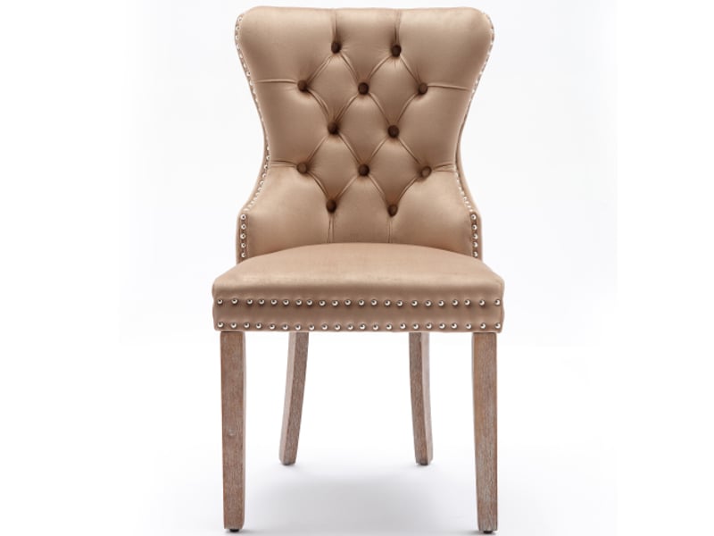Lot de 6 chaises de salle à manger en velours marron avec détails cloutés, tirettes argentées, pieds en bois, sans accoudoirs - Conforama E