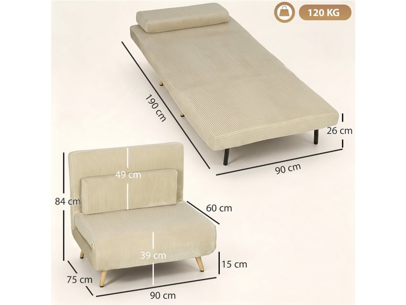  Canapé convertible, canapé-lit, en velours tricoté, beige, dossier réglable, 3 en 1, pour salon et séjour, pliable  - Conforama C