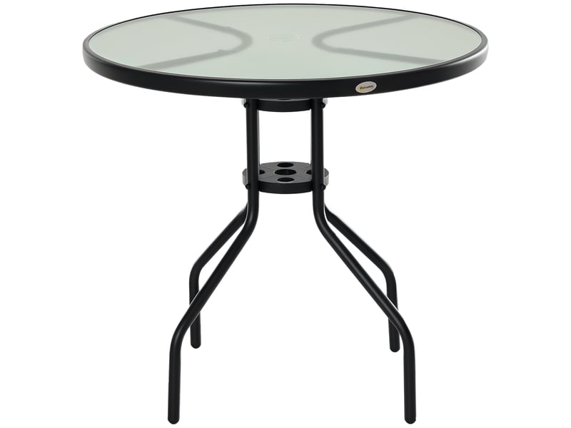  Table de jardin en acier noir avec plateau en verre trempé et trou pour parasol, ф80 x 72 cm  - Conforama A