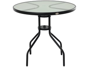 Table de jardin en acier noir avec plateau en verre trempé et trou pour parasol, ф80 x 72 cm