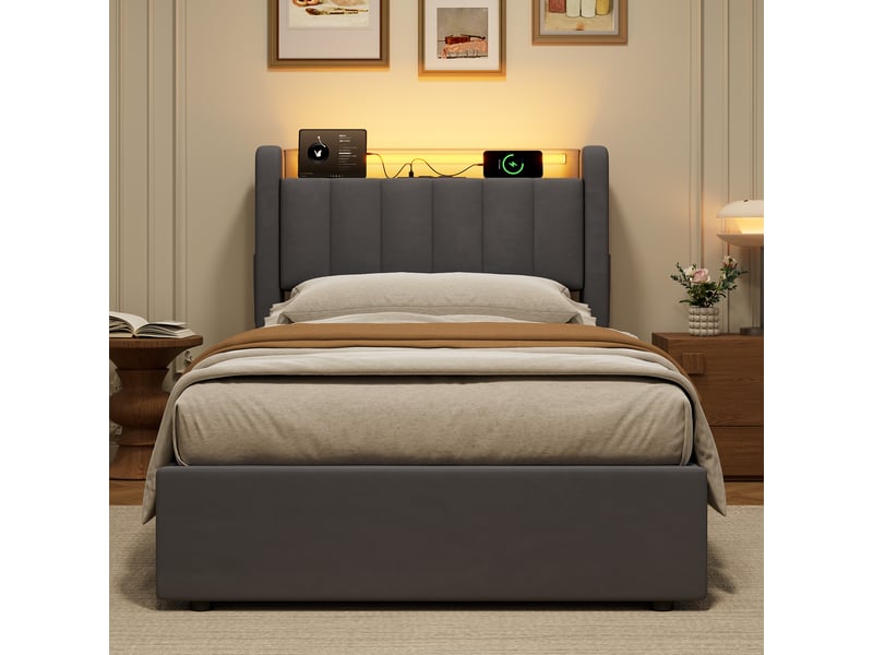  Lit coffre simple 90 x 200 cm en velours avec led, ports usb et tête de lit rembourrée, sans matelas  - Conforama B