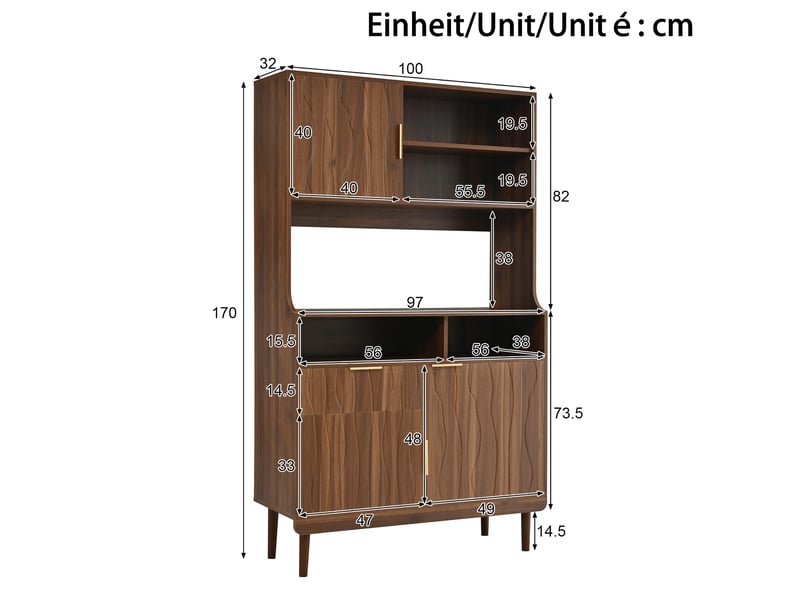  Buffet haut 100x32x170 cm, doté de niches ouvertes, tiroirs et portes, meuble de rangement, pieds bois, noyer, mdf  - Conforama C