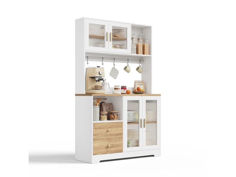 Buffet de cuisine haut avec 4 portes vitrées, 2 tiroirs, led et prises, en mdf blanc et naturel 110 × 40 × 178 cm  - Conforama A