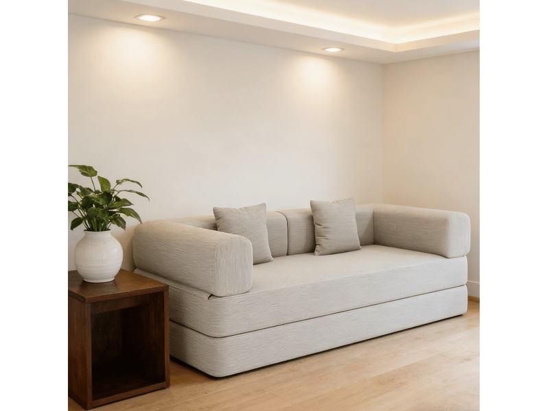 Canapé convertible 3 places pliable avec accoudoirs repositionnables et coussins en velours côtelé blanc cassé - Conforama E