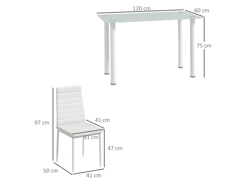  Ensemble de salle à manger 5 pièces, coin salon, table et 4 chaises, design moderne, table en verre, blanc  - Conforama E