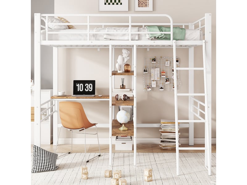 Lit mezzanine blanc 90x200 cm avec bureau, étagères, garde-corps et échelle - Conforama B