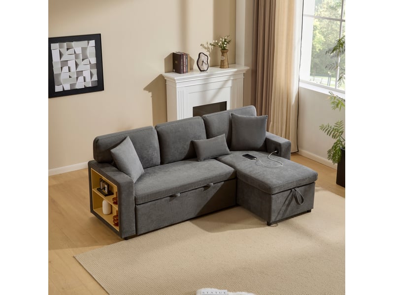  Canapé d'angle convertible modenvie 4 places avec rangement et usb 214 x 131 x 87 cm gris foncé  - Conforama D