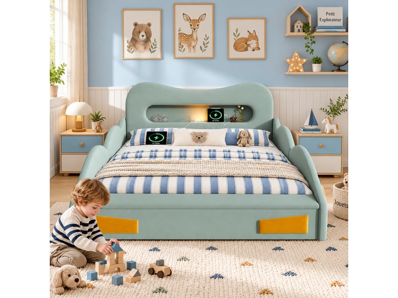 Lit voiture enfant 140 x 200 cm avec coffre et liseuse, velours vert - Conforama B