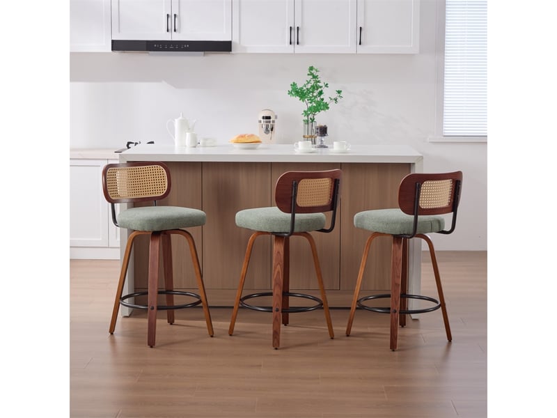 Lot de 2 tabourets de bar 42x56x90cm – avec dossier en rotin et assise rembourrée – noyer et vert - Conforama E