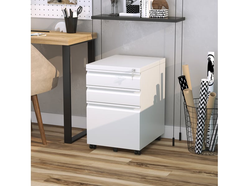 Caisson de bureau 39 x 48 x 60 cm blanc en acier, 3 tiroirs verrouillables sur roulettes, classement suspendu  - Conforama B