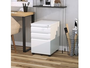 Caisson de bureau 39 x 48 x 60 cm blanc en acier, 3 tiroirs verrouillables sur roulettes, classement suspendu
