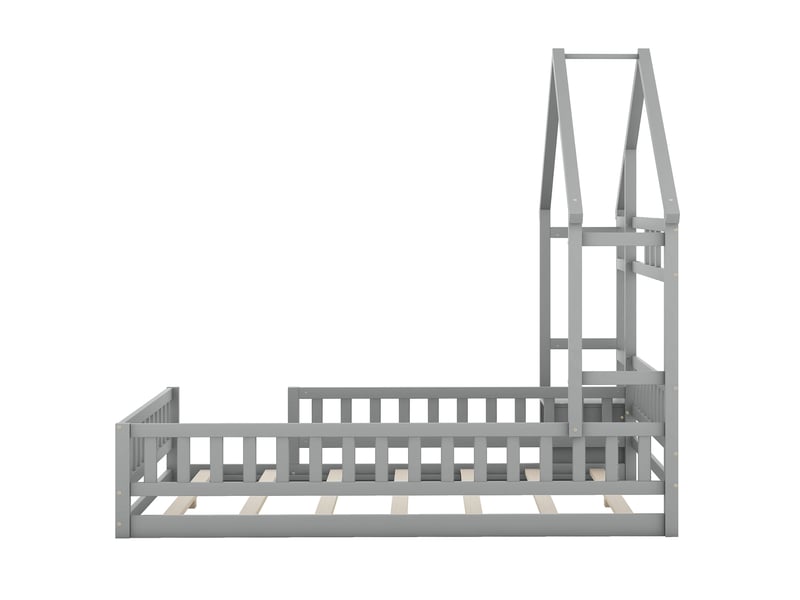  Lit enfant gris 140x200 cm style maison, garde-corps et tables de chevet  - Conforama D