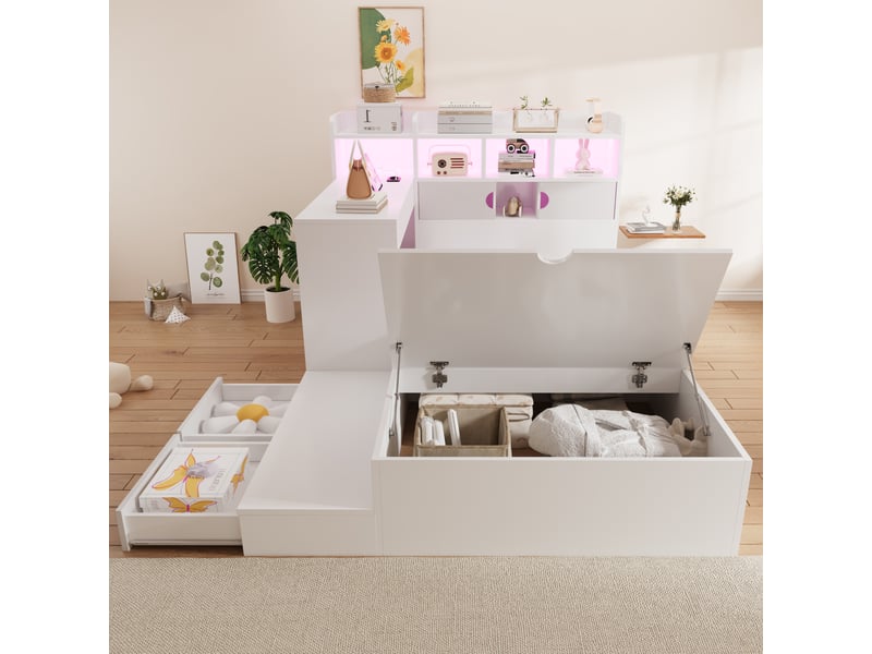  Lit au sol enfant 90x200 cm, lit enfant, ouverture hydraulique, tête de lit avec rangement, bureau intégré, éclairage led, prises intégrées, mdf blanc CozyNest - Conforama D